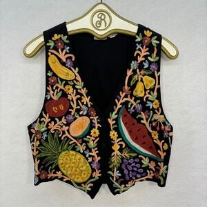 90s Vintage Fruit Vest MEDIUM Black Embroidered Sleeveless Retro Unique Funky